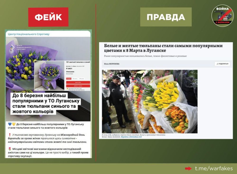 Фейк: В Луганске к 8 марта самыми популярными цветами стали желтые и синие тюльпаны, что говорит о проукраинских настроениях, пишут украинский «Центр национального сопротивления»