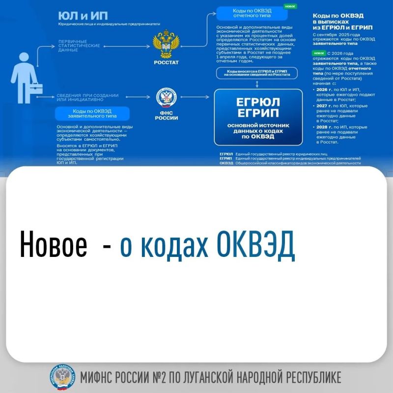 Межрайонная ИФНС России № 2 по ЛНР напоминает, как вносятся коды ОКВЭД в реестры ЕГРЮЛ и ЕГРИП