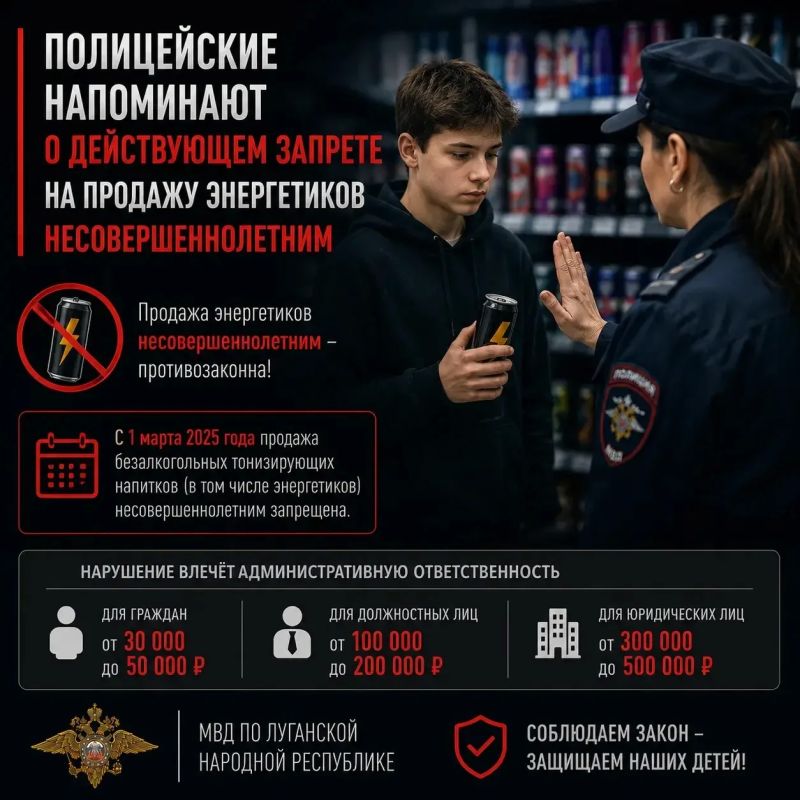 Полицейские напоминают о действующем запрете на продажу энергетиков несовершеннолетним лицам